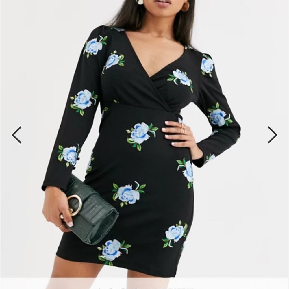 ASOS DESIGN Petite embroidered scuba mini wrap dress in black with floral print